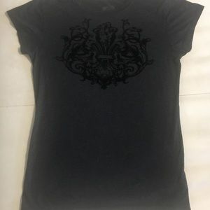 Heather grey. T-shirt. Black velvet-like designs. Size XL